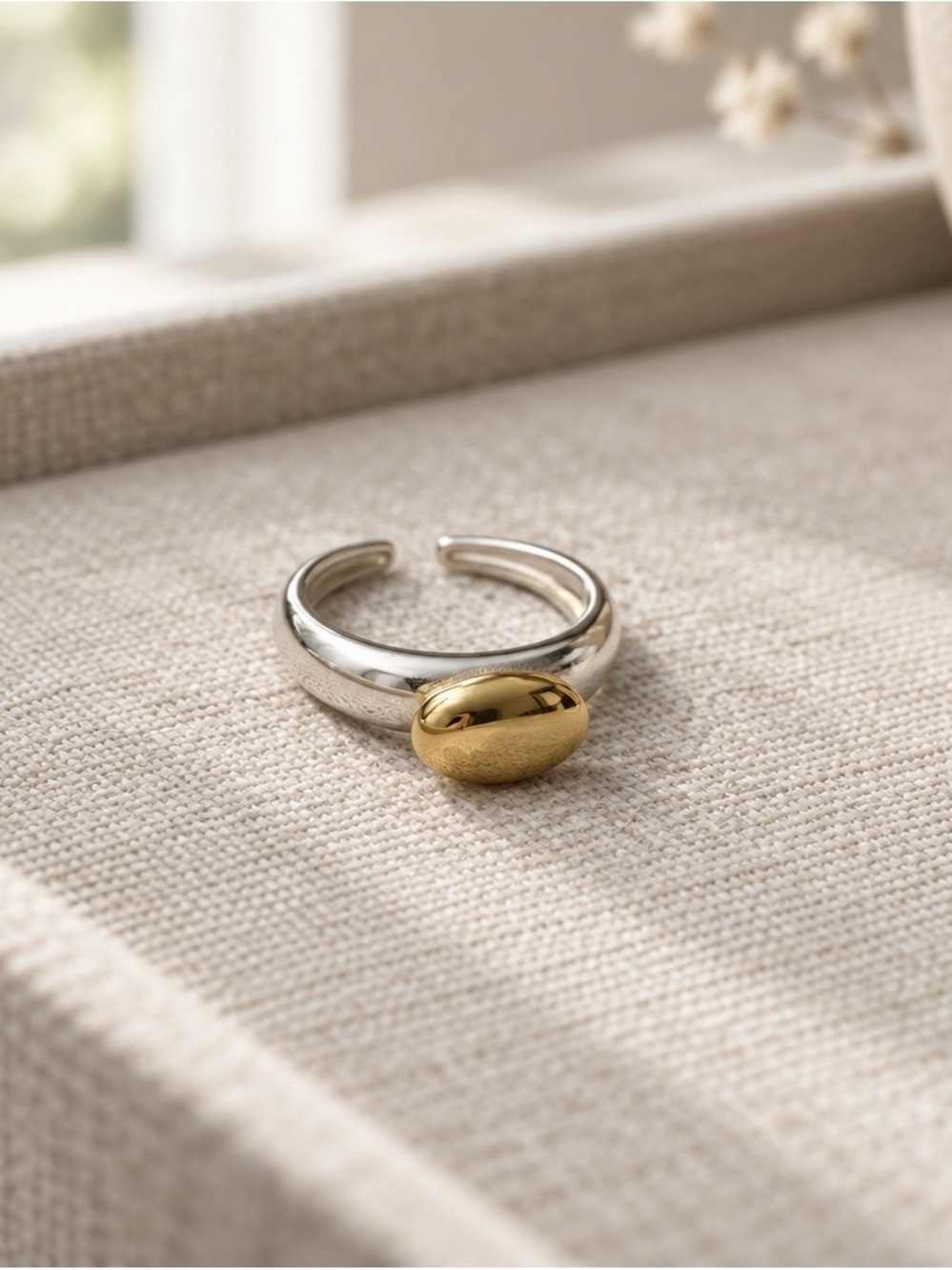 2393-85 925 Sterling Silver Two-Tone Gold Pebble Oval Adjustable Ring